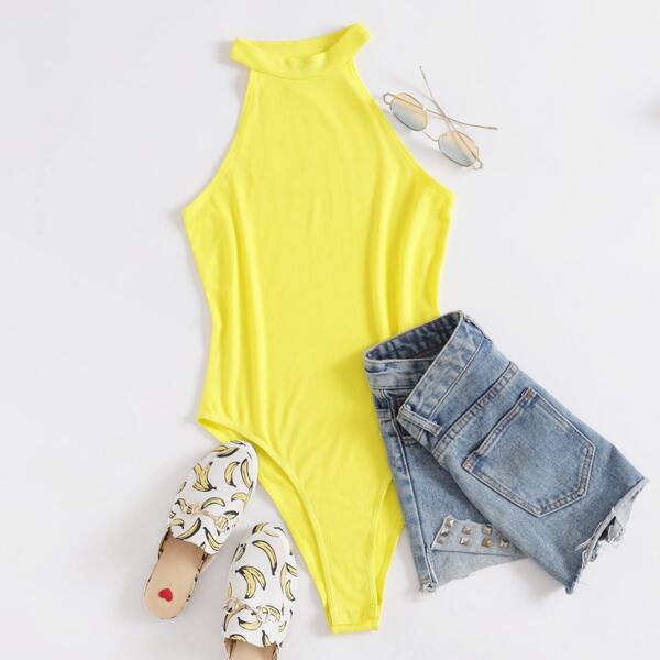 

Neon Yellow Rib-knit Halter Bodysuit, Yellow neon