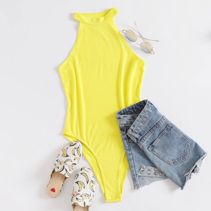 

Neon Yellow Rib-knit Halter Bodysuit, Yellow neon