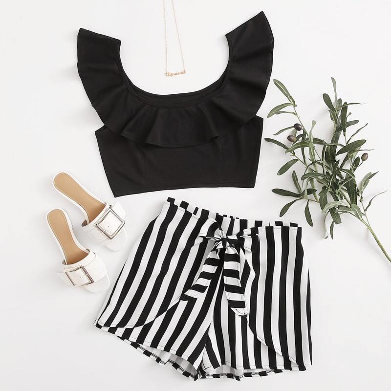 

Ruffle Top & Striped Tie Front Shorts, Black and white