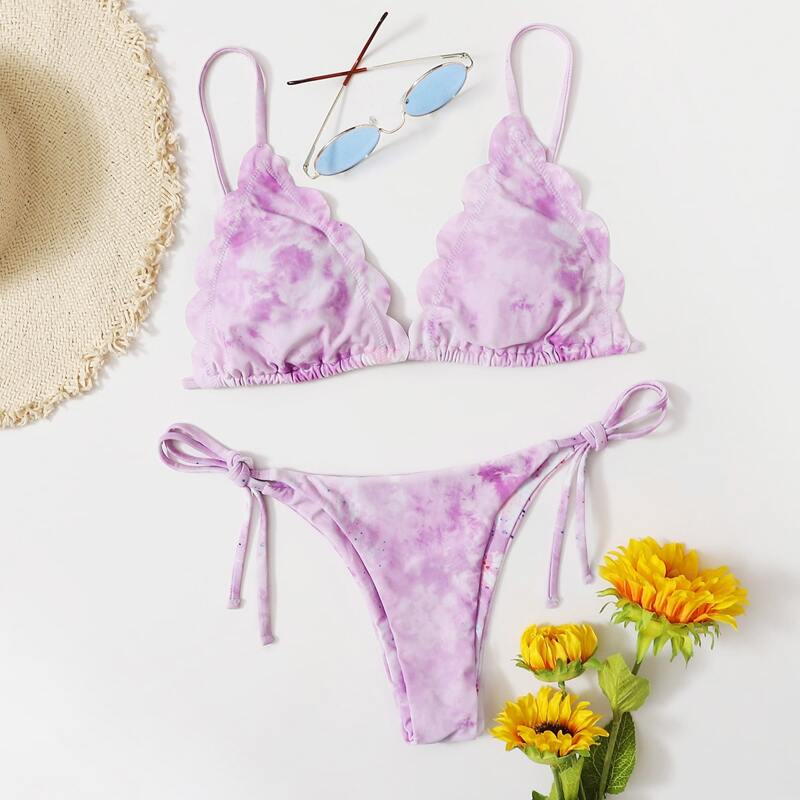 

Scallop Trim Tie Side Tie Dye Bikini Swimsuit, Lilac purple