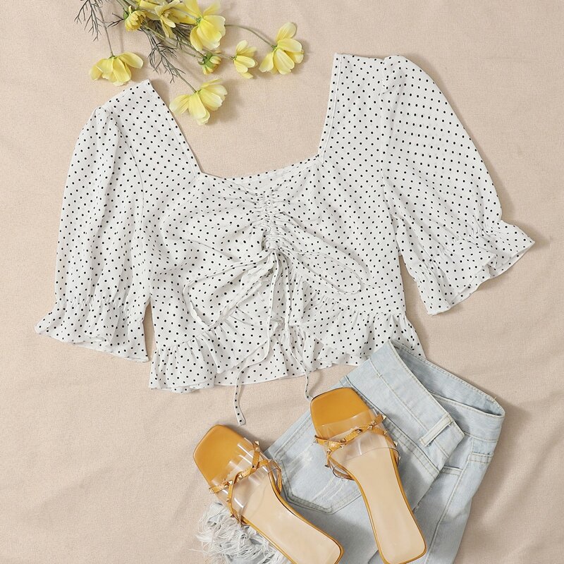 

Polka Dot Drawstring Crop Top, White
