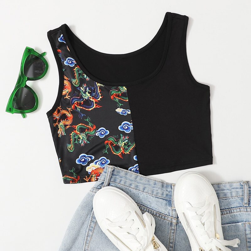 

Contrast Dragon Graphic Tank, Black