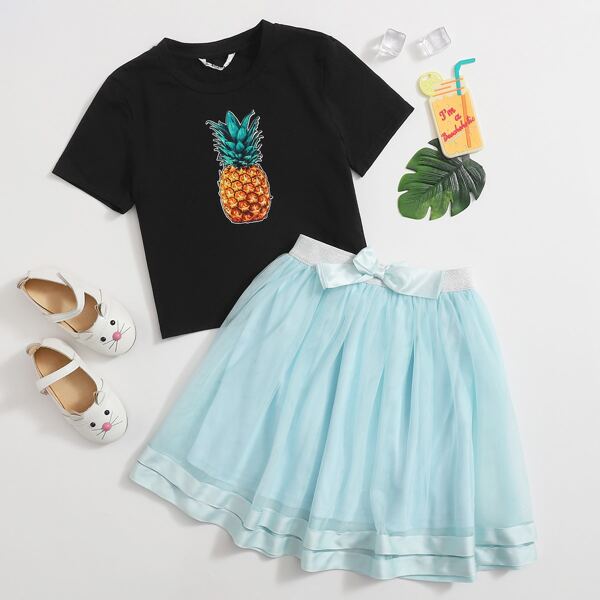 

Girls Pineapple Tee and Glitter Waist Bow Detail Mesh Skirt Set, Multicolor