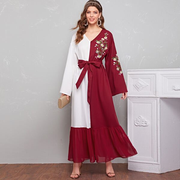 

Ruffle Hem Color Block Floral Embroidered Belted Dress, Multicolor