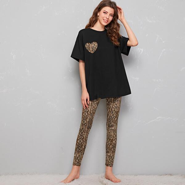 

Drop Shoulder Longline Oversized Tee and Snakeskin Leggings PJ Set, Multicolor