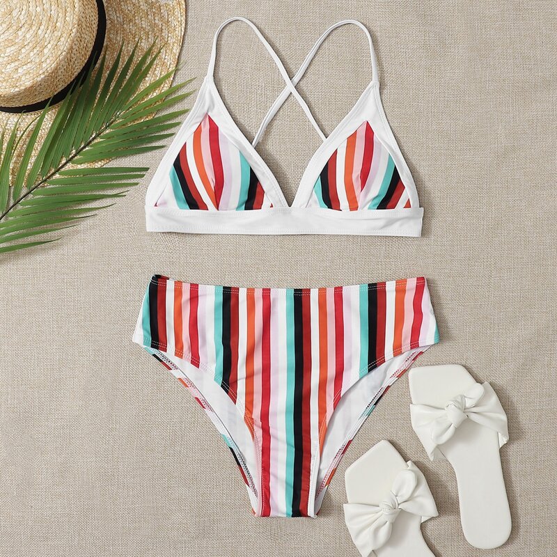 

High Waist Stripe Bikini Swimsuit, Multicolor