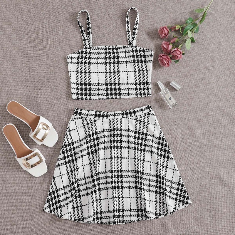 

Plaid Cami Top and Skirt Set, White