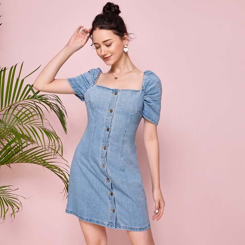 

Button Through Square Neck Denim Dress, Light wash