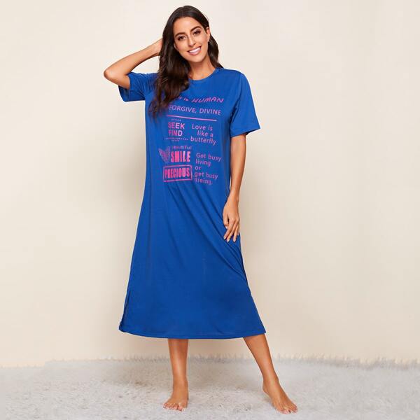 

Slogan and Butterfly Print Split Hem Nightdress, Royal blue