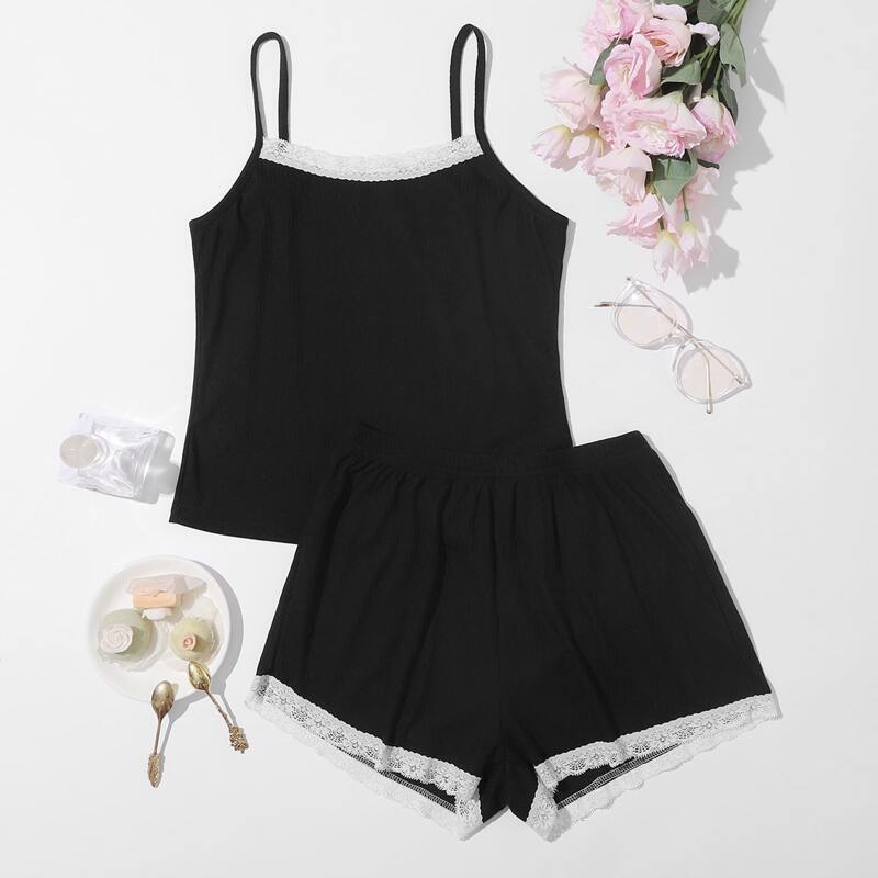 

Contrast Lace Cami Top & Shorts PJ Set, Black