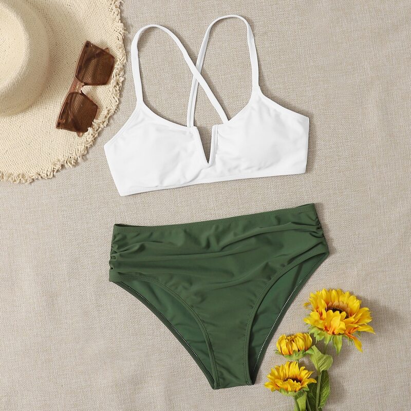 

Notch Neck Ruched High Waist Bikini Swimsuit, Multicolor