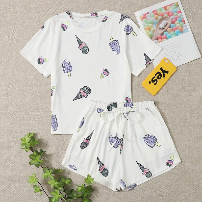 

Ice Cream Print Tee & Shorts PJ Set, White