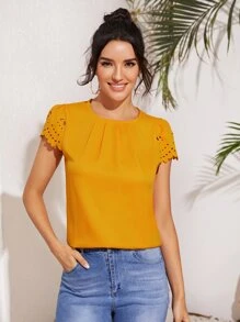 SHEIN Clasi Top de manga cortada láser ribete en abanico con fruncido delantero - Mostaza Amarilla - Ver 2