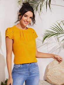SHEIN Clasi Top de manga cortada láser ribete en abanico con fruncido delantero - Mostaza Amarilla - Ver 6