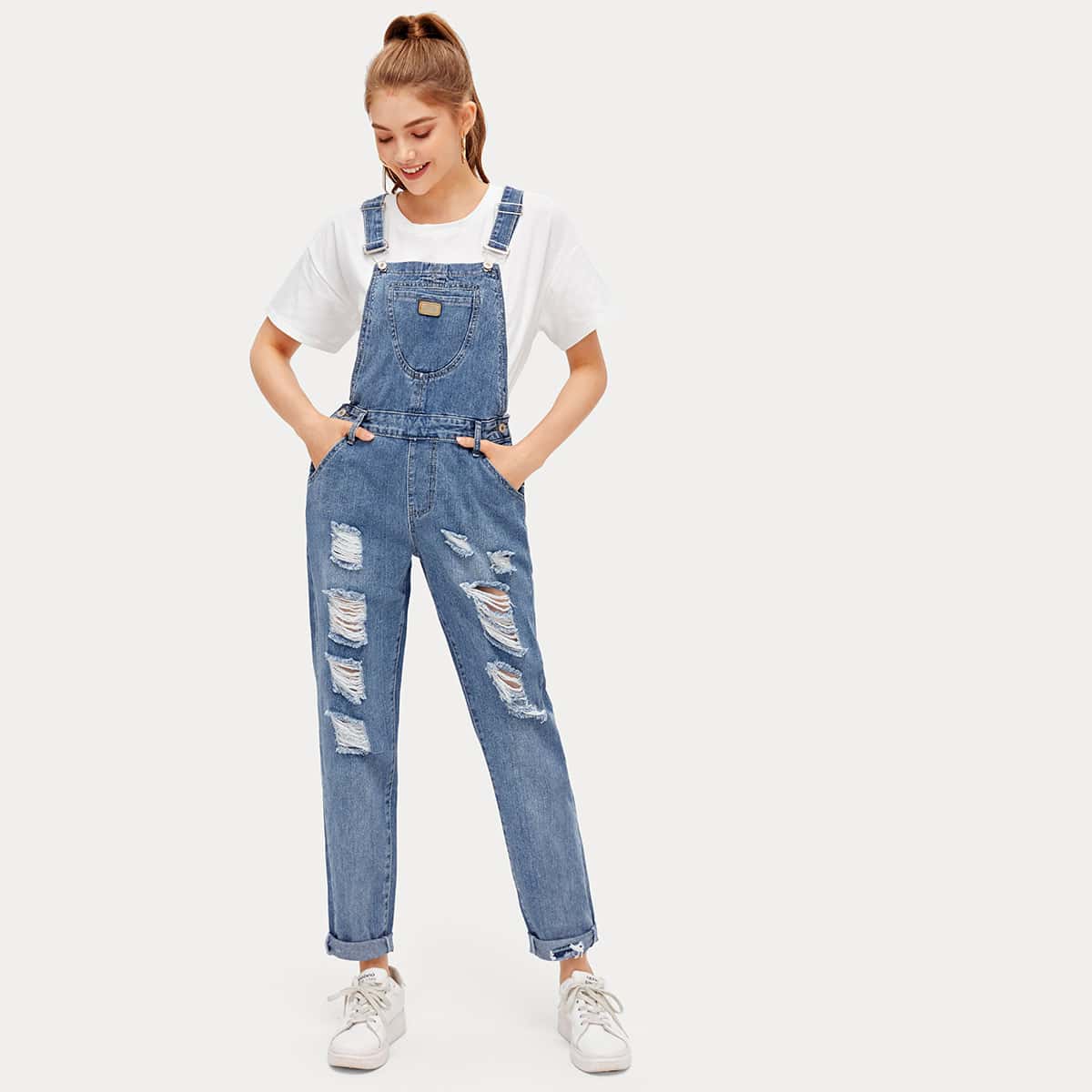 

Ripped Pocket Front Denim Overalls, Medium wash
