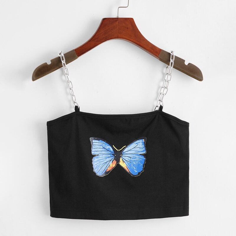 

Butterfly Print Chain Straps Cami, Black