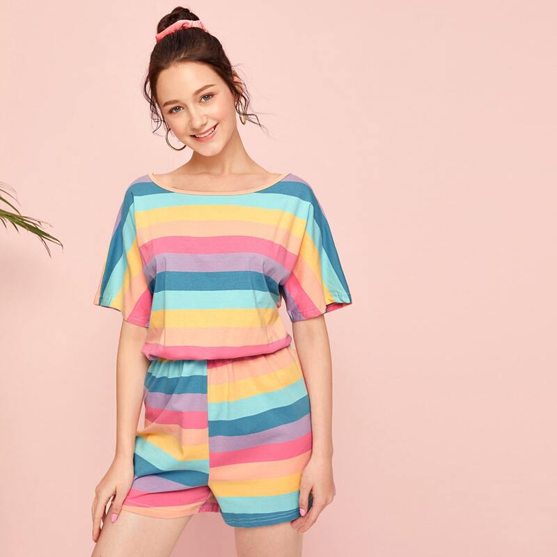

Colorful Striped Tie Back Tee Romper, Multicolor