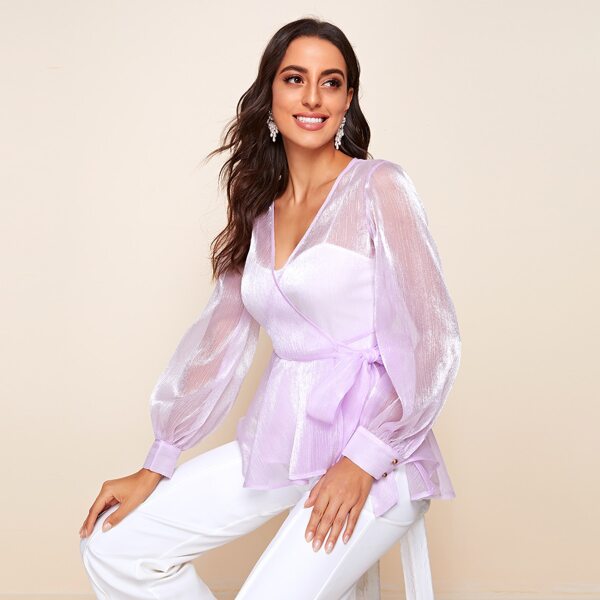 

Lantern Sleeve Tie Side Organza Peplum Top, Pastel lilac purple