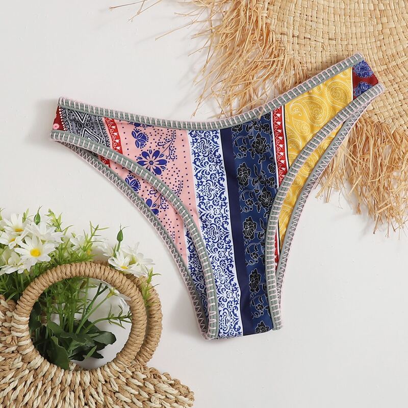 

Tribal Patchwork Stitch Trim Bikini Bottom, Multicolor