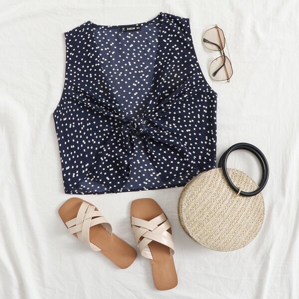 

Tie Front Geometric Print Tank Top, Navy blue