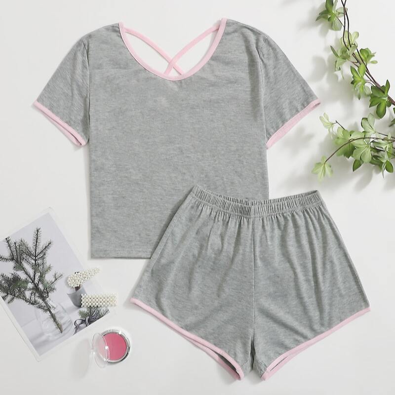 

Contrast Trim Cross Back Tee & Shorts, Grey