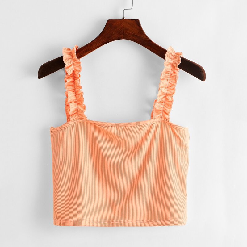 

Frill Straps Crop Top, Coral orange