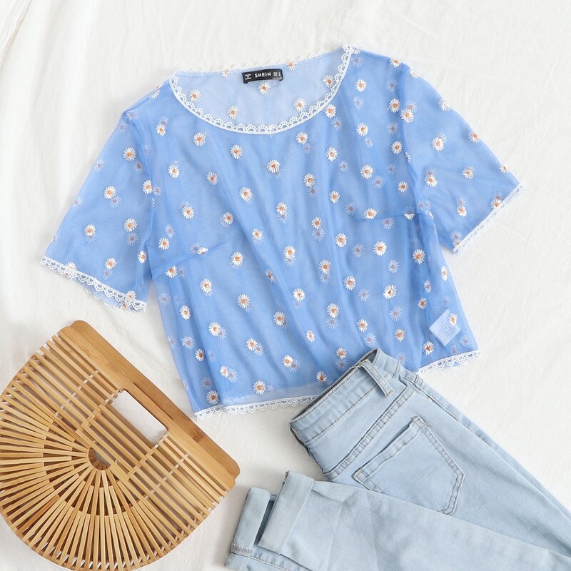 

Lace Trim Daisy Floral Embroidered Mesh Top, Baby blue