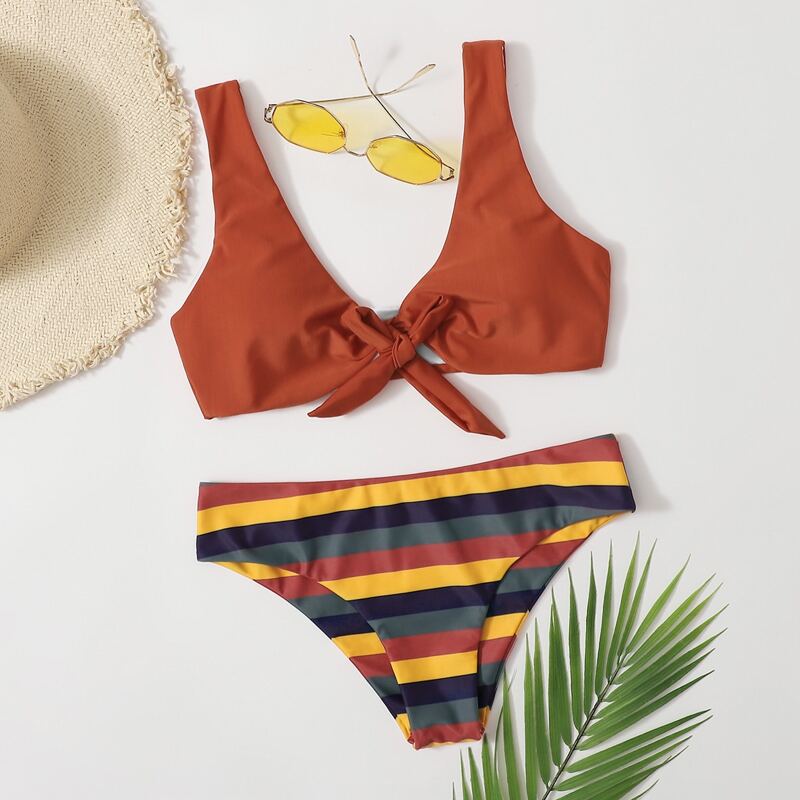 

Knot Front Stripe Bikini Swimsuit, Multicolor