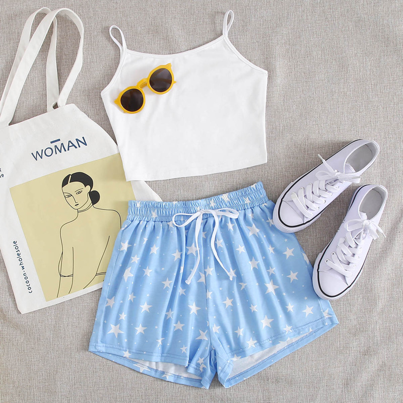 

White Cami & Star Print Shorts, Blue and white