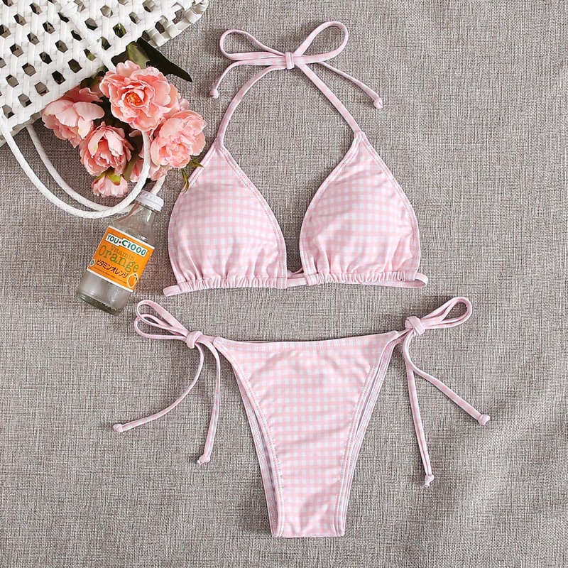 

Tie Side Gingham Bikini Swimsuit, Baby pink