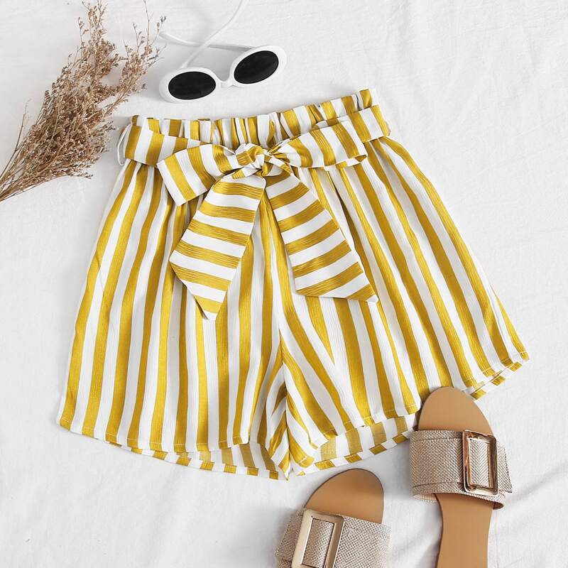

Striped Belted Shorts, Yellow
