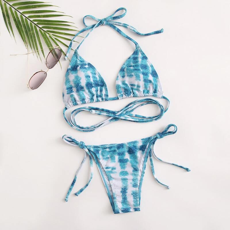 

Tie Dye Tie-side Bikini Swimsuit, Blue and white