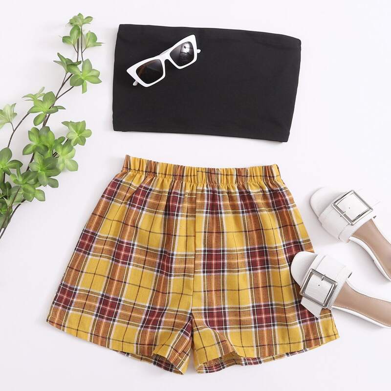 

Black Tube Top & Plaid Shorts, Multicolor
