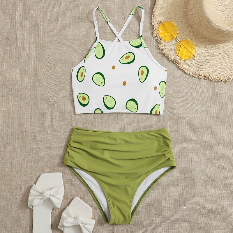 

High Waist Ruched Avocado Bikini Swimsuit, Multicolor