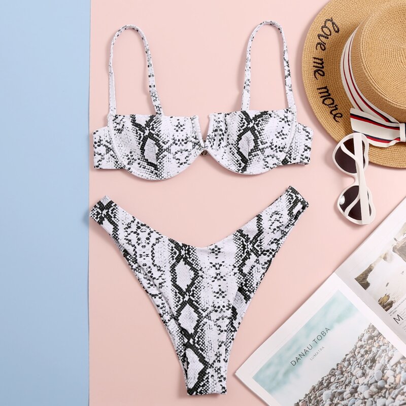 

Snakeskin V Wired Underwire Bikini Swimsuit, Black and white