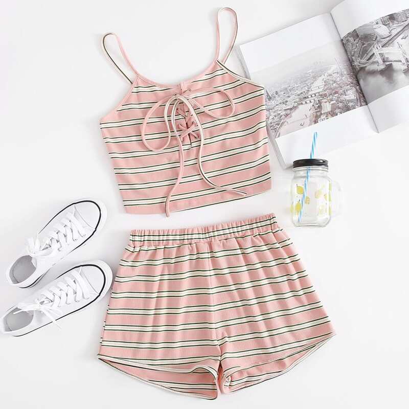 

Striped Lace Up Cami & Shorts, Multicolor