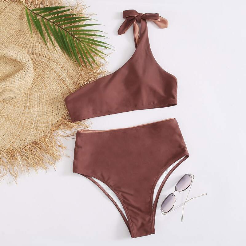 

One Shoulder High Waist Bikini Swimsuit, Brown