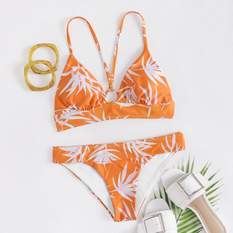 

Plant Print Triangle Bikini Swimsuit, Orange