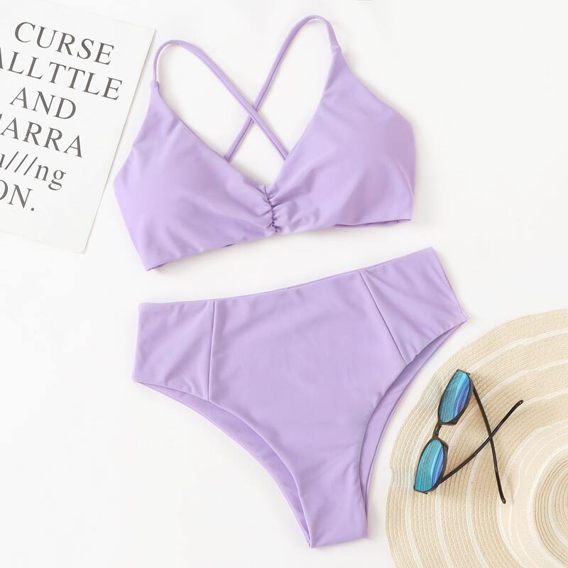 

Lace-up Back High Waist Bikini Swimsuit, Lilac purple