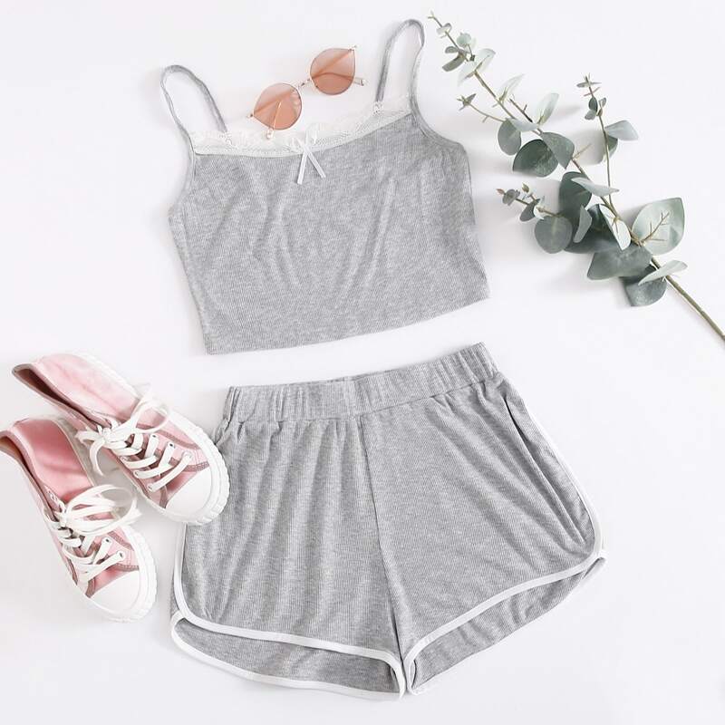 

Lace Trim Cami & Shorts, Light grey