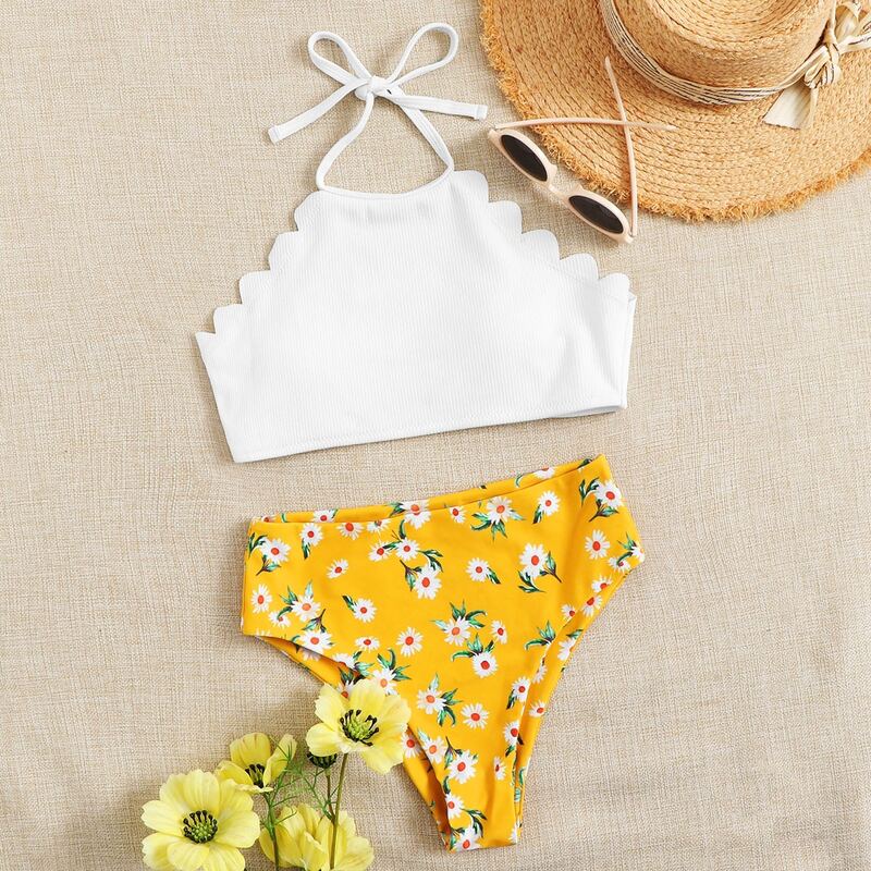 

Scallop Trim High Waist Daisy Bikini Swimsuit, Multicolor