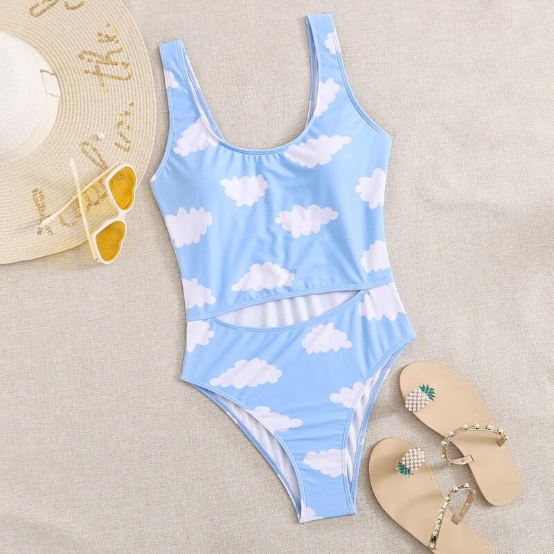 

Cut Out Cloud Tank One Piece Swimsuit, Blue and white