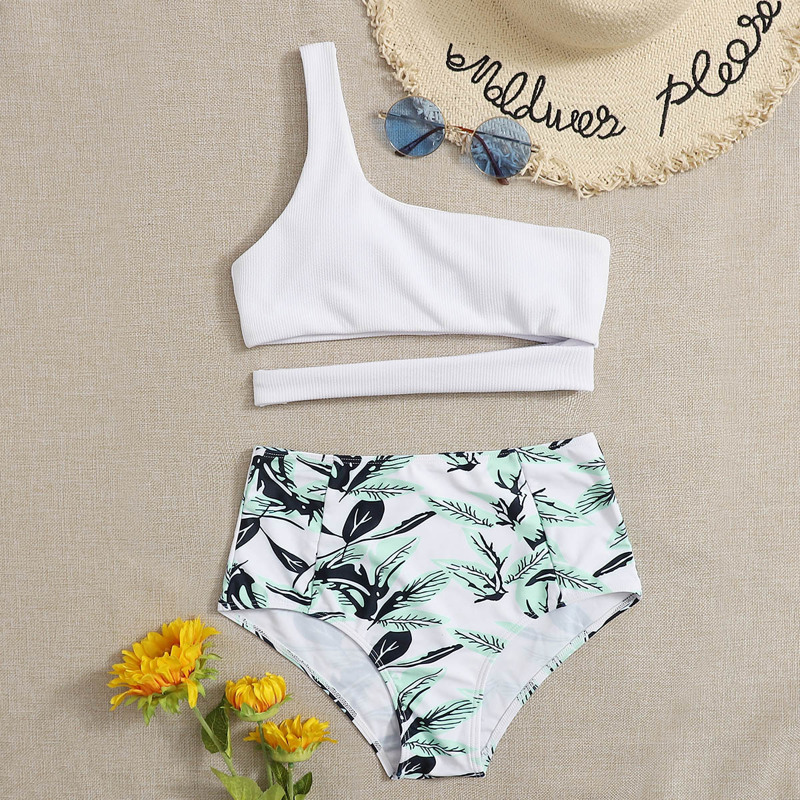 

One Shoulder High Waist Tropical Bikini Swimsuit, Multicolor