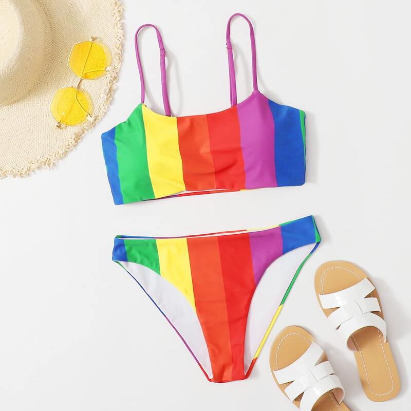 

Rainbow Stripe Cami Bikini Swimsuit, Multicolor