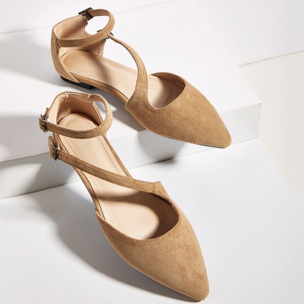 

Point Toe Ankle Strap Flats, Brown