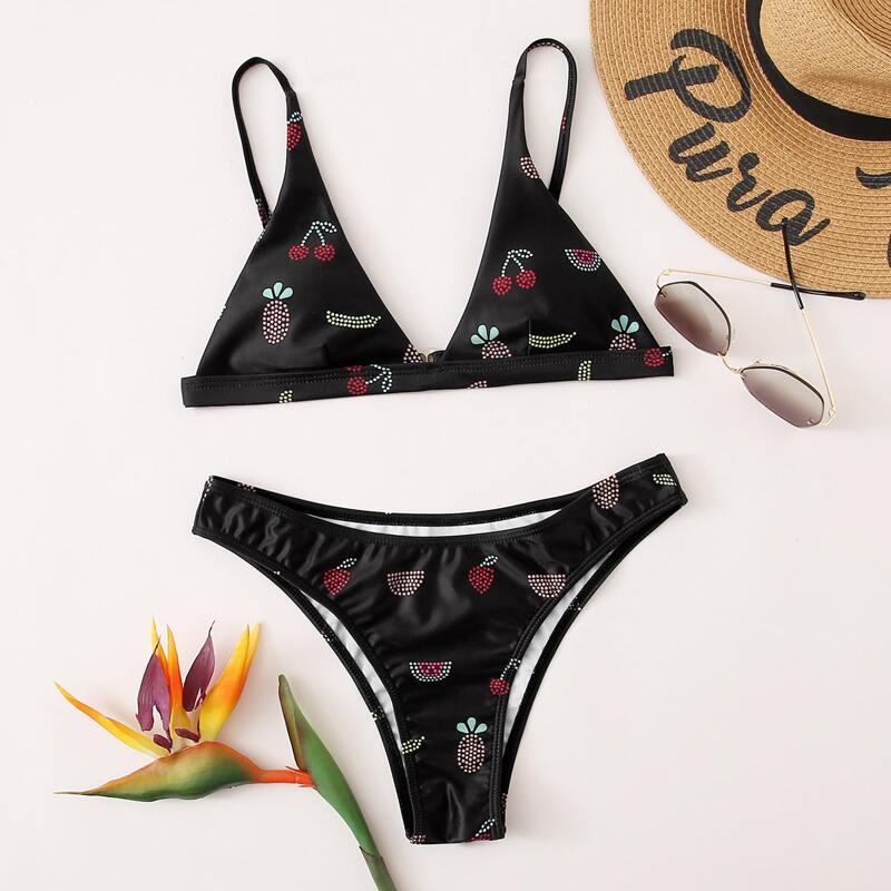 

Fruit Print Triangle Bikini Swimsuit, Black
