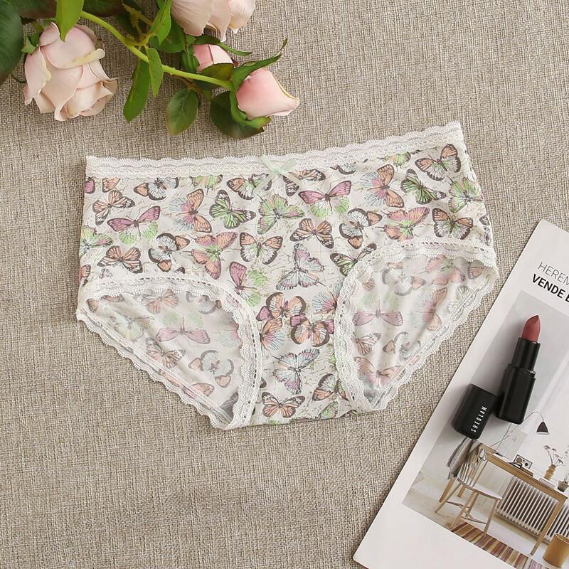 

Butterfly Print Lace Trim Panty, Multicolor