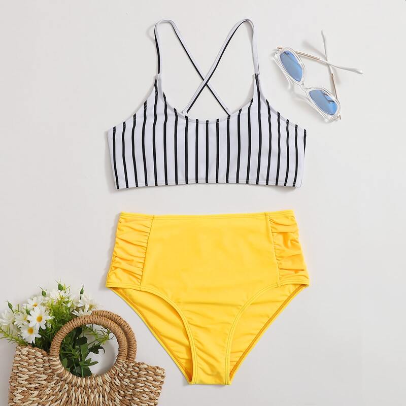 

Ruched High Waist Stripe Bikini Swimsuit, Multicolor