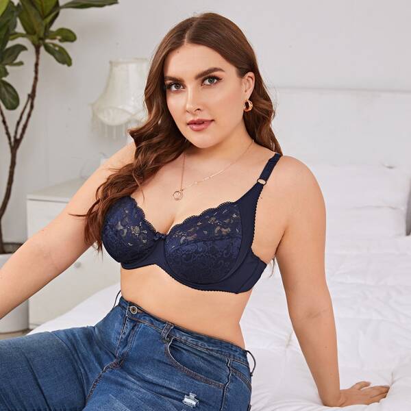 

Plus Contrast Lace Underwire Bra, Navy blue