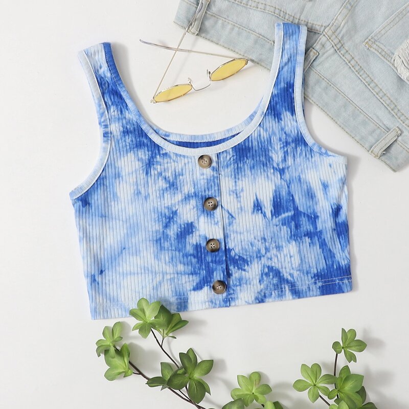 

Tie Dye Button Front Tank, Blue